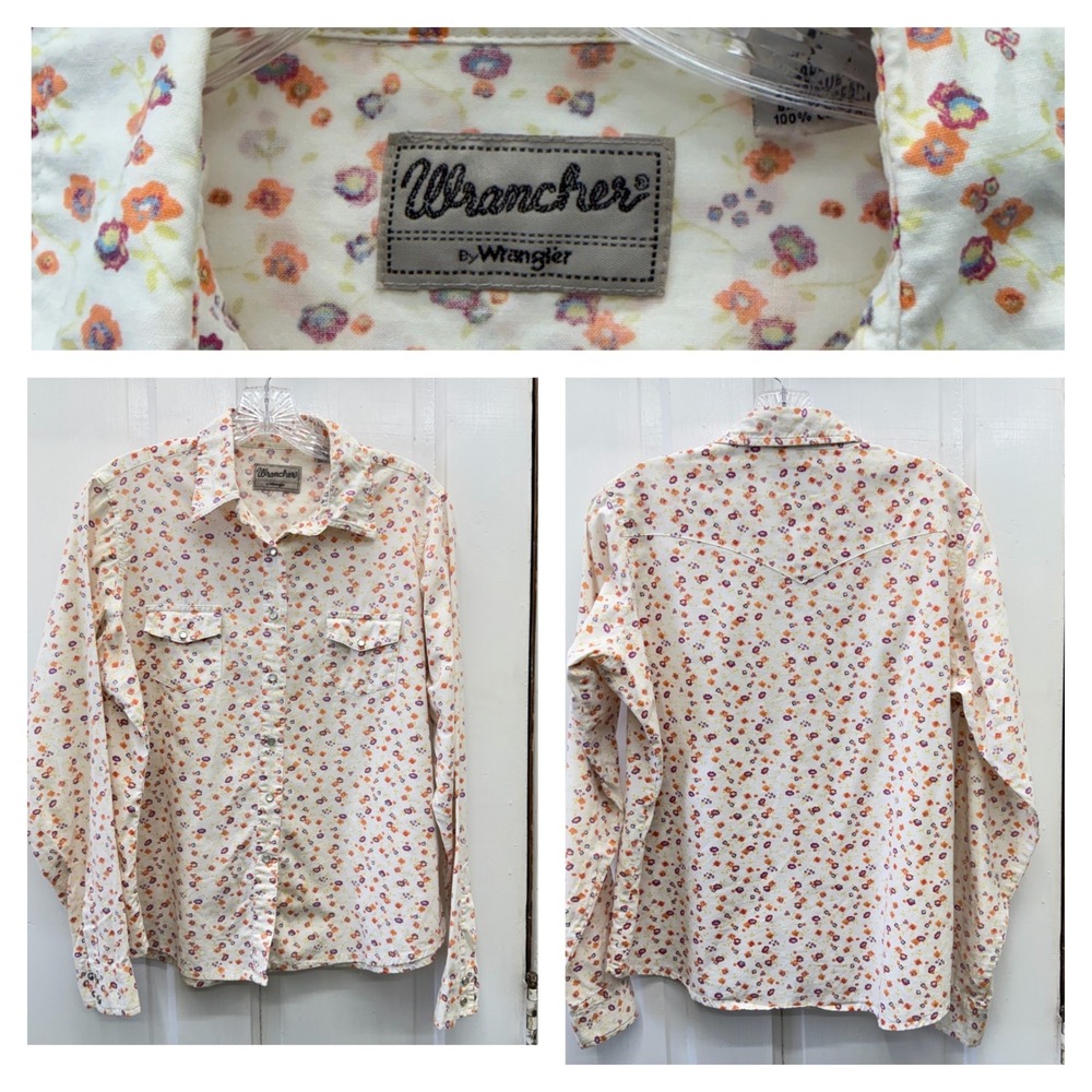 Wrangler Wrancher Womens Large Floral‎ Pearl Snap Western Shirt Cream LWR7419